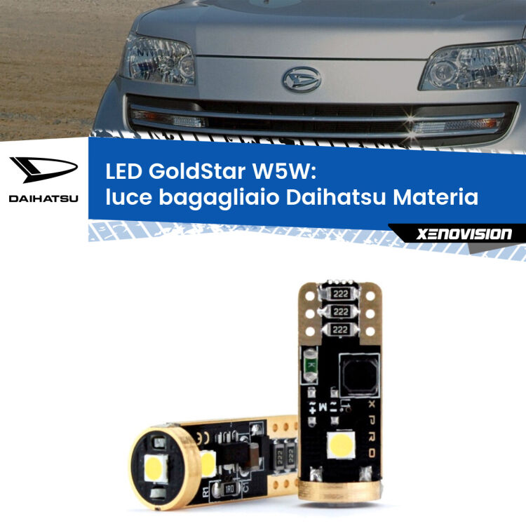 0 Luce Bagagliaio LED Daihatsu Materia 2006 in poi: T10 GoldStar <strong>Luce Bagagliaio LED Daihatsu Materia</strong> 2006 in poi: ottima luminosità a 360 gradi. Si inseriscono ovunque. Canbus, Top Quality.