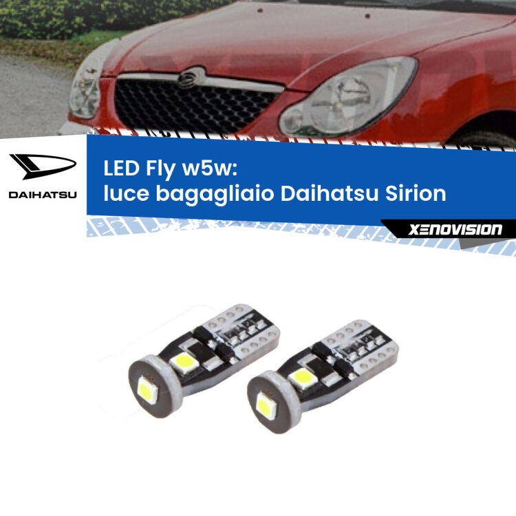 0 Luce Bagagliaio LED Daihatsu Sirion 2005 - 2008: W5W Fly <strong>luce bagagliaio LED per Daihatsu Sirion</strong> 2005 - 2008. Coppia lampadine <strong>w5w</strong> Canbus compatte modello Fly Xenovision.
