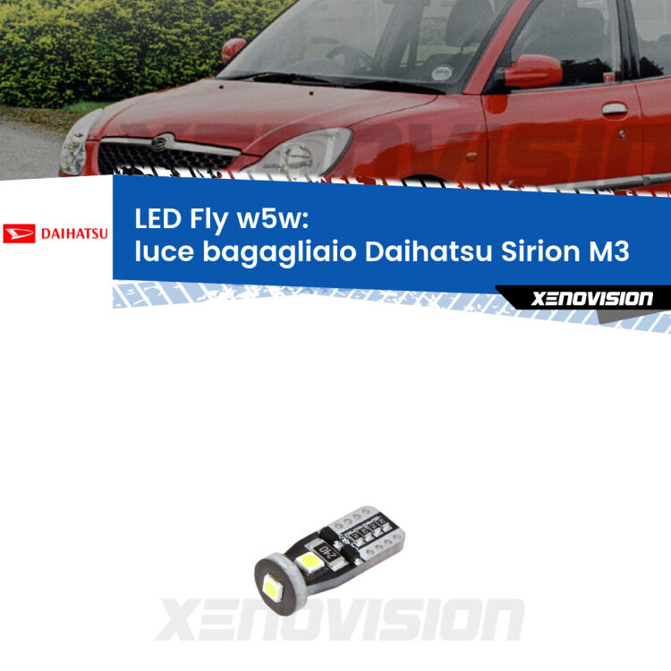 <strong>luce bagagliaio LED per Daihatsu Sirion</strong> M3 2005 - 2008. Coppia lampadine <strong>w5w</strong> Canbus compatte modello Fly Xenovision.