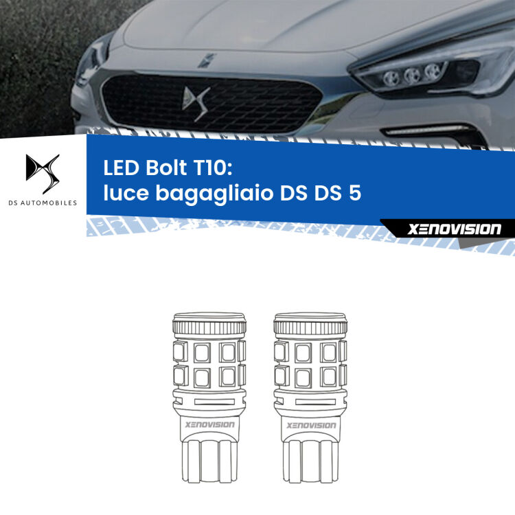 0 Luce Bagagliaio LED DS DS 5 2015 in poi: T10 Bolt <strong>Luce Bagagliaio LED per DS DS 5</strong> 2015 in poi. Coppia lampade <strong>T10</strong> modello Bolt canbus.