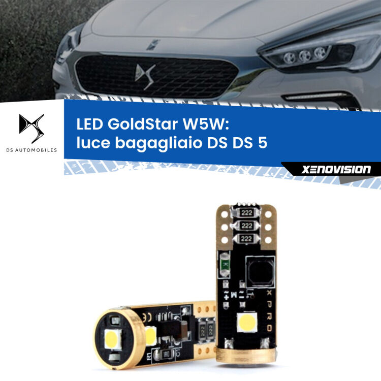 0 Luce Bagagliaio LED DS DS 5 2015 in poi: T10 GoldStar <strong>Luce Bagagliaio LED DS DS 5</strong> 2015 in poi: ottima luminosità a 360 gradi. Si inseriscono ovunque. Canbus, Top Quality.
