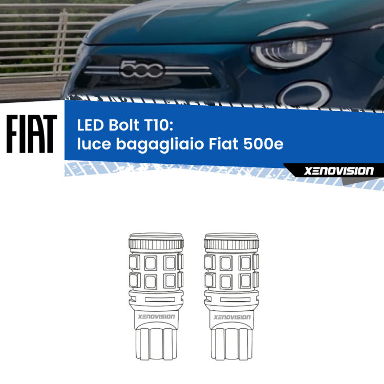 0 Luce Bagagliaio LED Fiat 500e 2020 in poi: T10 Bolt <strong>Luce Bagagliaio LED per Fiat 500e</strong> 2020 in poi. Coppia lampade <strong>T10</strong> modello Bolt canbus.