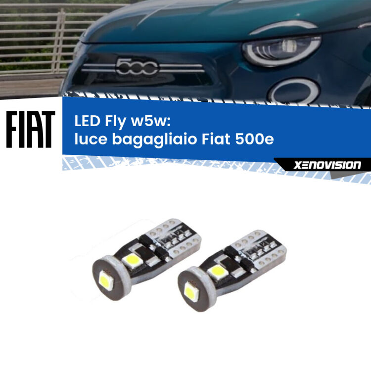 0 Luce Bagagliaio LED Fiat 500e 2020 in poi: W5W Fly <strong>luce bagagliaio LED per Fiat 500e</strong> 2020 in poi. Coppia lampadine <strong>w5w</strong> Canbus compatte modello Fly Xenovision.