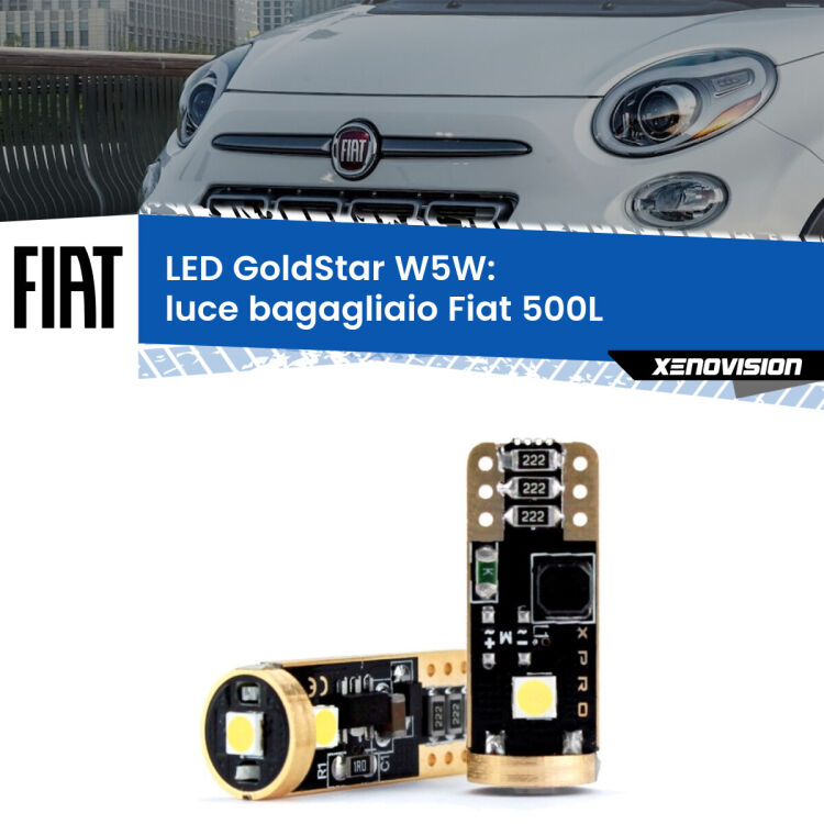 0 Luce Bagagliaio LED Fiat 500L 2012 - 2018: T10 GoldStar <strong>Luce Bagagliaio LED Fiat 500L</strong> 2012 - 2018: ottima luminosità a 360 gradi. Si inseriscono ovunque. Canbus, Top Quality.
