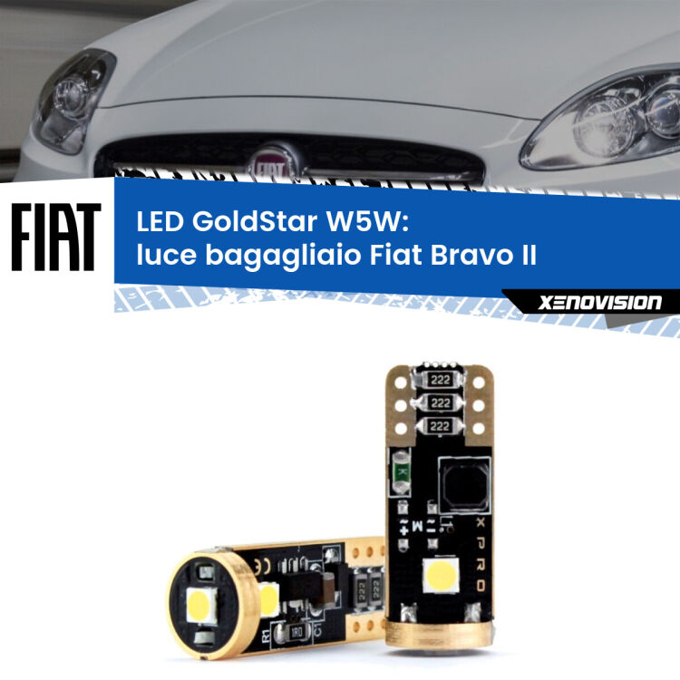 0 Luce Bagagliaio LED Fiat Bravo II 2006 - 2014: T10 GoldStar <strong>Luce Bagagliaio LED Fiat Bravo II</strong> 2006 - 2014: ottima luminosità a 360 gradi. Si inseriscono ovunque. Canbus, Top Quality.