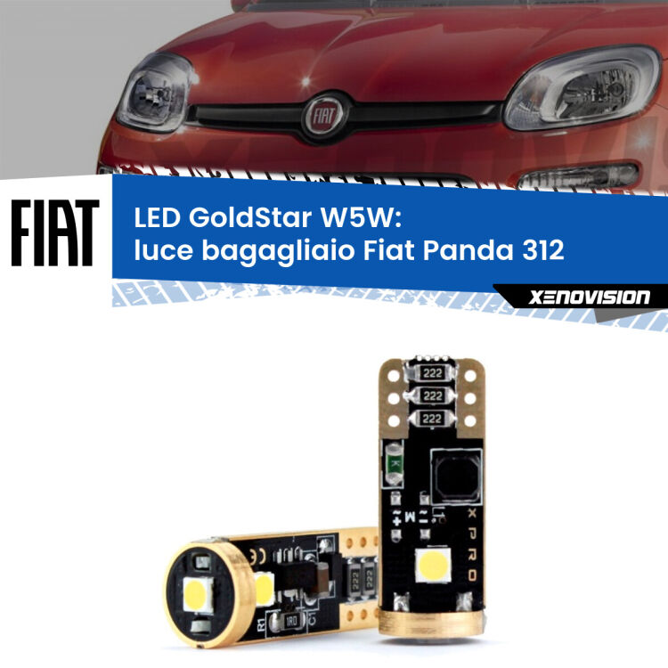 0 Luce Bagagliaio LED Fiat Panda 312 2012 in poi: T10 GoldStar <strong>Luce Bagagliaio LED Fiat Panda</strong> 312 2012 in poi: ottima luminosità a 360 gradi. Si inseriscono ovunque. Canbus, Top Quality.