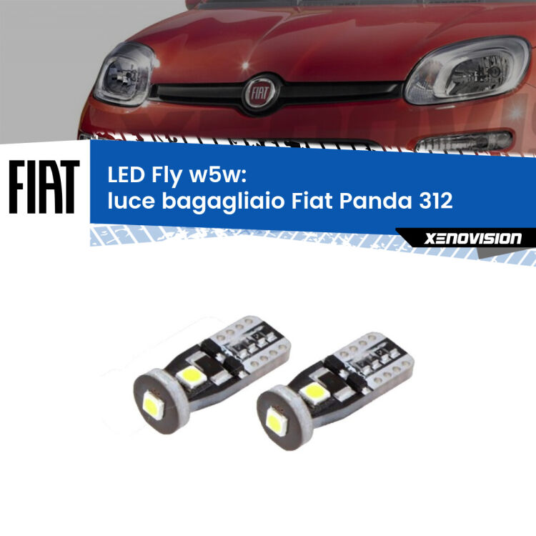 0 Luce Bagagliaio LED Fiat Panda 312 2012 in poi: W5W Fly <strong>luce bagagliaio LED per Fiat Panda</strong> 312 2012 in poi. Coppia lampadine <strong>w5w</strong> Canbus compatte modello Fly Xenovision.