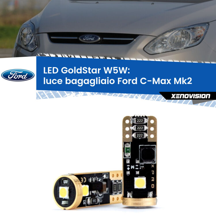 0 Luce Bagagliaio LED Ford C-Max Mk2 2011 - 2019: T10 GoldStar <strong>Luce Bagagliaio LED Ford C-Max</strong> Mk2 2011 - 2019: ottima luminosità a 360 gradi. Si inseriscono ovunque. Canbus, Top Quality.