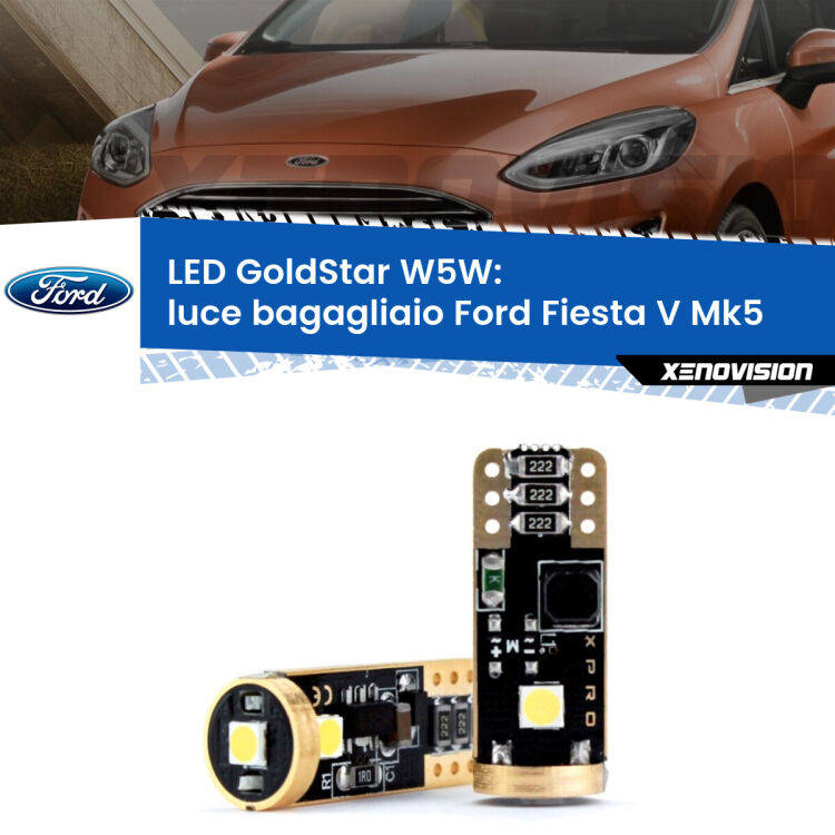 0 Luce Bagagliaio LED Ford Fiesta Mk5 2002 - 2008: T10 GoldStar <strong>Luce Bagagliaio LED Ford Fiesta</strong> Mk5 2002 - 2008: ottima luminosità a 360 gradi. Si inseriscono ovunque. Canbus, Top Quality.