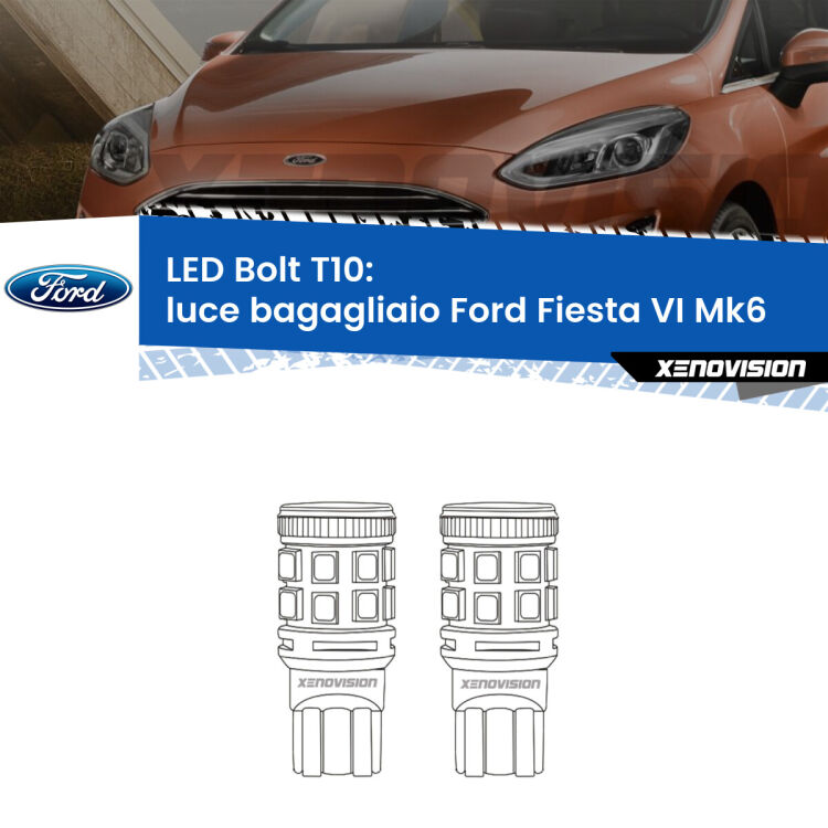 0 Luce Bagagliaio LED Ford Fiesta Mk6 2008 - 2017: T10 Bolt <strong>Luce Bagagliaio LED per Ford Fiesta</strong> Mk6 2008 - 2017. Coppia lampade <strong>T10</strong> modello Bolt canbus.