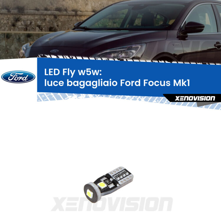 <strong>luce bagagliaio LED per Ford Focus</strong> Mk1 1998 - 2005. Coppia lampadine <strong>w5w</strong> Canbus compatte modello Fly Xenovision.