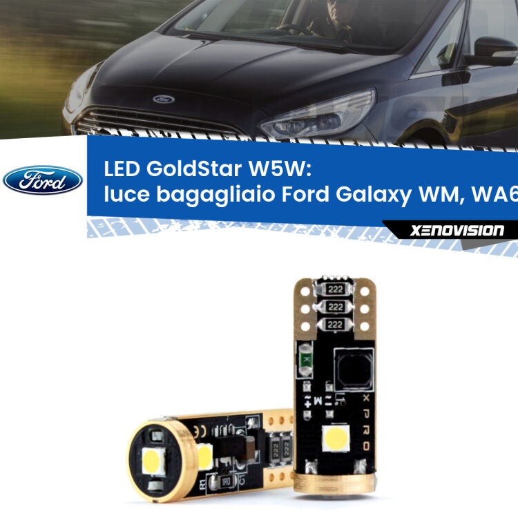 0 Luce Bagagliaio LED Ford Galaxy WM, WA6 2006 - 2015: T10 GoldStar <strong>Luce Bagagliaio LED Ford Galaxy</strong> WM, WA6 2006 - 2015: ottima luminosità a 360 gradi. Si inseriscono ovunque. Canbus, Top Quality.