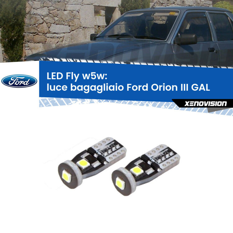 0 Luce Bagagliaio LED Ford Orion III GAL 1990 - 1993: W5W Fly <strong>luce bagagliaio LED per Ford Orion III</strong> GAL 1990 - 1993. Coppia lampadine <strong>w5w</strong> Canbus compatte modello Fly Xenovision.