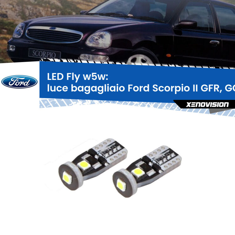 0 Luce Bagagliaio LED Ford Scorpio II GFR, GGR 1994 - 1998: W5W Fly <strong>luce bagagliaio LED per Ford Scorpio II</strong> GFR, GGR 1994 - 1998. Coppia lampadine <strong>w5w</strong> Canbus compatte modello Fly Xenovision.