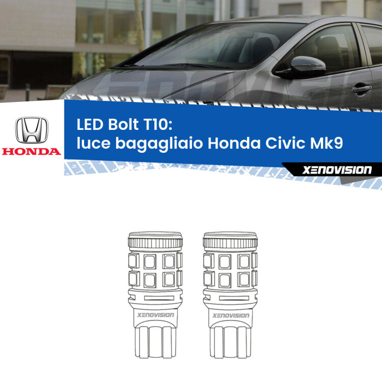 0 Luce Bagagliaio LED Honda Civic Mk9 2011 - 2015: T10 Bolt <strong>Luce Bagagliaio LED per Honda Civic</strong> Mk9 2011 - 2015. Coppia lampade <strong>T10</strong> modello Bolt canbus.