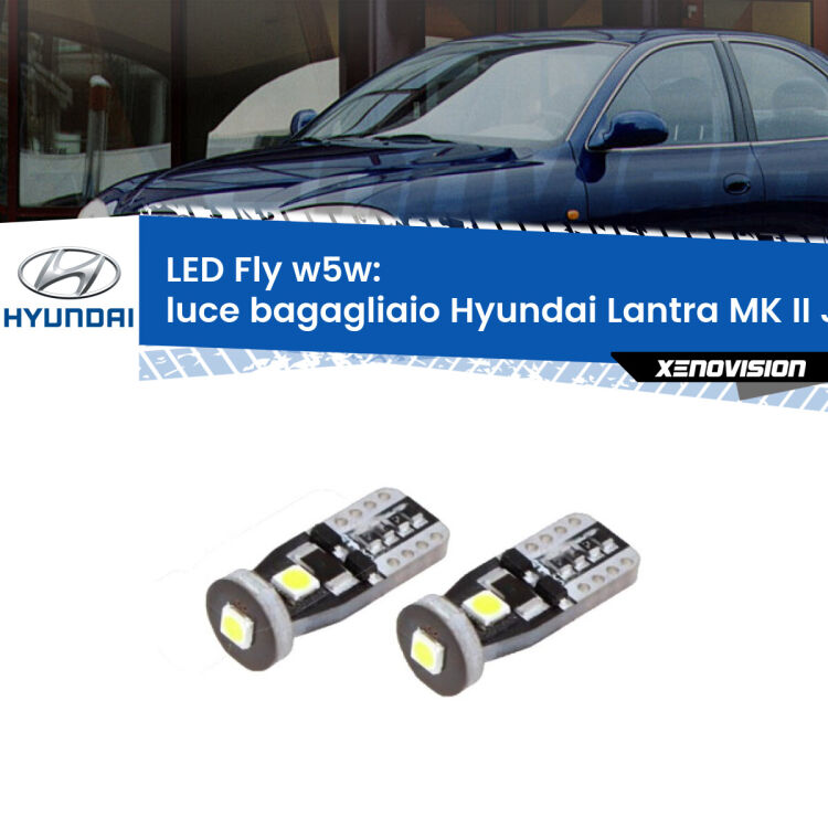 0 Luce Bagagliaio LED Hyundai Lantra MK II J-2 prima serie: W5W Fly <strong>luce bagagliaio LED per Hyundai Lantra MK II</strong> J-2 prima serie. Coppia lampadine <strong>w5w</strong> Canbus compatte modello Fly Xenovision.