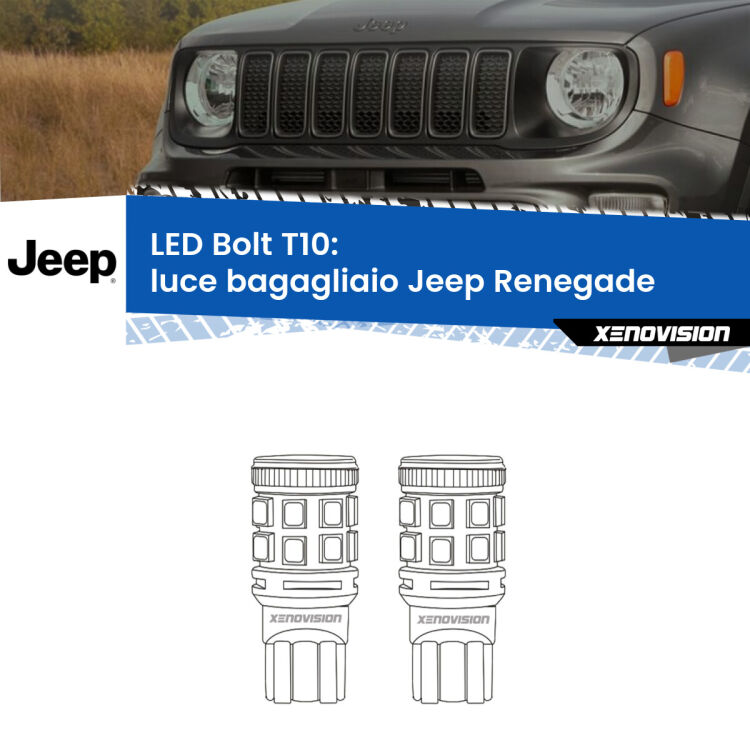 0 Luce Bagagliaio LED Jeep Renegade 2014 in poi: T10 Bolt <strong>Luce Bagagliaio LED per Jeep Renegade</strong> 2014 in poi. Coppia lampade <strong>T10</strong> modello Bolt canbus.