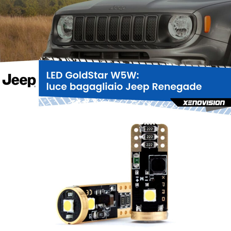 0 Luce Bagagliaio LED Jeep Renegade 2014 in poi: T10 GoldStar <strong>Luce Bagagliaio LED Jeep Renegade</strong> 2014 in poi: ottima luminosità a 360 gradi. Si inseriscono ovunque. Canbus, Top Quality.