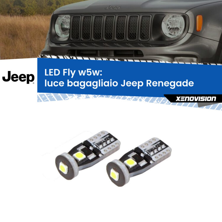 0 Luce Bagagliaio LED Jeep Renegade 2014 in poi: W5W Fly <strong>luce bagagliaio LED per Jeep Renegade</strong> 2014 in poi. Coppia lampadine <strong>w5w</strong> Canbus compatte modello Fly Xenovision.