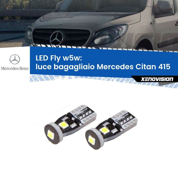 0 Luce Bagagliaio LED Mercedes Citan 415 2012 in poi: W5W Fly <strong>luce bagagliaio LED per Mercedes Citan</strong> 415 2012 in poi. Coppia lampadine <strong>w5w</strong> Canbus compatte modello Fly Xenovision.