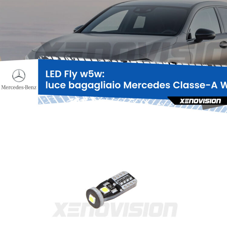 <strong>luce bagagliaio LED per Mercedes Classe-A</strong> W176 2012 - 2018. Coppia lampadine <strong>w5w</strong> Canbus compatte modello Fly Xenovision.