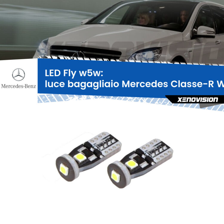 0 Luce Bagagliaio LED Mercedes Classe-R W251, V251 2006 - 2014: W5W Fly <strong>luce bagagliaio LED per Mercedes Classe-R</strong> W251, V251 2006 - 2014. Coppia lampadine <strong>w5w</strong> Canbus compatte modello Fly Xenovision.
