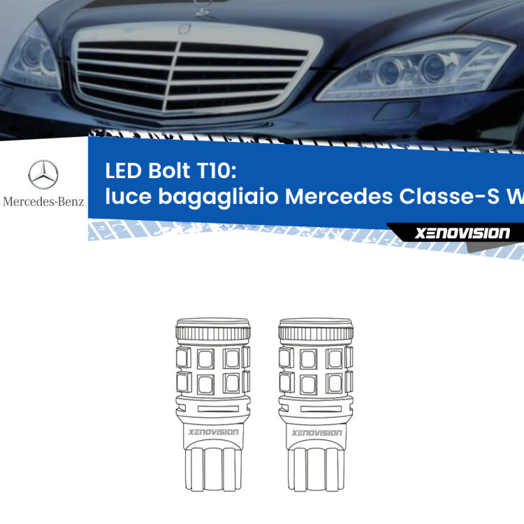 0 Luce Bagagliaio LED Mercedes Classe-S W221 2005 - 2013: T10 Bolt <strong>Luce Bagagliaio LED per Mercedes Classe-S</strong> W221 2005 - 2013. Coppia lampade <strong>T10</strong> modello Bolt canbus.