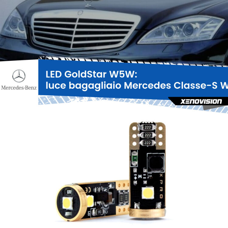 0 Luce Bagagliaio LED Mercedes Classe-S W221 2005 - 2013: T10 GoldStar <strong>Luce Bagagliaio LED Mercedes Classe-S</strong> W221 2005 - 2013: ottima luminosità a 360 gradi. Si inseriscono ovunque. Canbus, Top Quality.