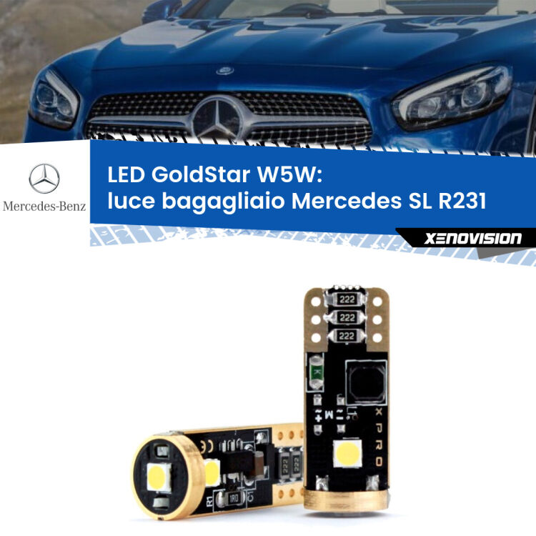 0 Luce Bagagliaio LED Mercedes SL R231 2012 in poi: T10 GoldStar <strong>Luce Bagagliaio LED Mercedes SL</strong> R231 2012 in poi: ottima luminosità a 360 gradi. Si inseriscono ovunque. Canbus, Top Quality.