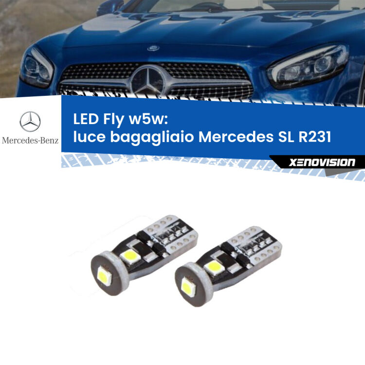 0 Luce Bagagliaio LED Mercedes SL R231 2012 in poi: W5W Fly <strong>luce bagagliaio LED per Mercedes SL</strong> R231 2012 in poi. Coppia lampadine <strong>w5w</strong> Canbus compatte modello Fly Xenovision.