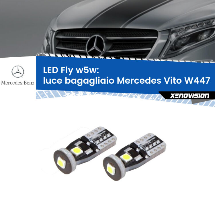 0 Luce Bagagliaio LED Mercedes Vito W447 2014 in poi: W5W Fly <strong>luce bagagliaio LED per Mercedes Vito</strong> W447 2014 in poi. Coppia lampadine <strong>w5w</strong> Canbus compatte modello Fly Xenovision.