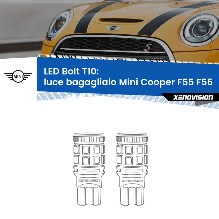 0 Luce Bagagliaio LED Mini Cooper F55 F56 2013 - 2017: T10 Bolt <strong>Luce Bagagliaio LED per Mini Cooper</strong> F55 F56 2013 - 2017. Coppia lampade <strong>T10</strong> modello Bolt canbus.