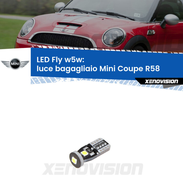 <strong>luce bagagliaio LED per Mini Coupe</strong> R58 2011 - 2015. Coppia lampadine <strong>w5w</strong> Canbus compatte modello Fly Xenovision.