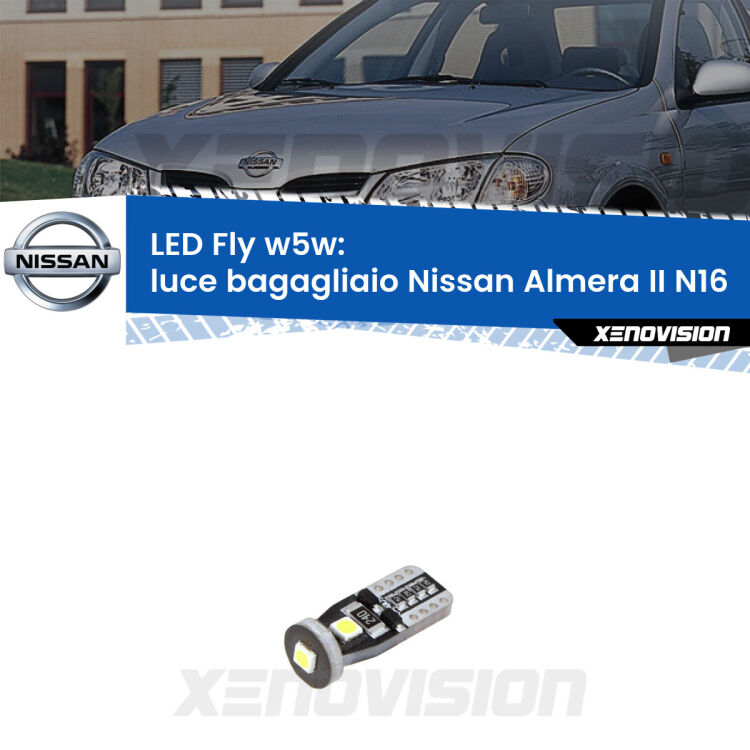 <strong>luce bagagliaio LED per Nissan Almera II</strong> N16 2000 - 2006. Coppia lampadine <strong>w5w</strong> Canbus compatte modello Fly Xenovision.