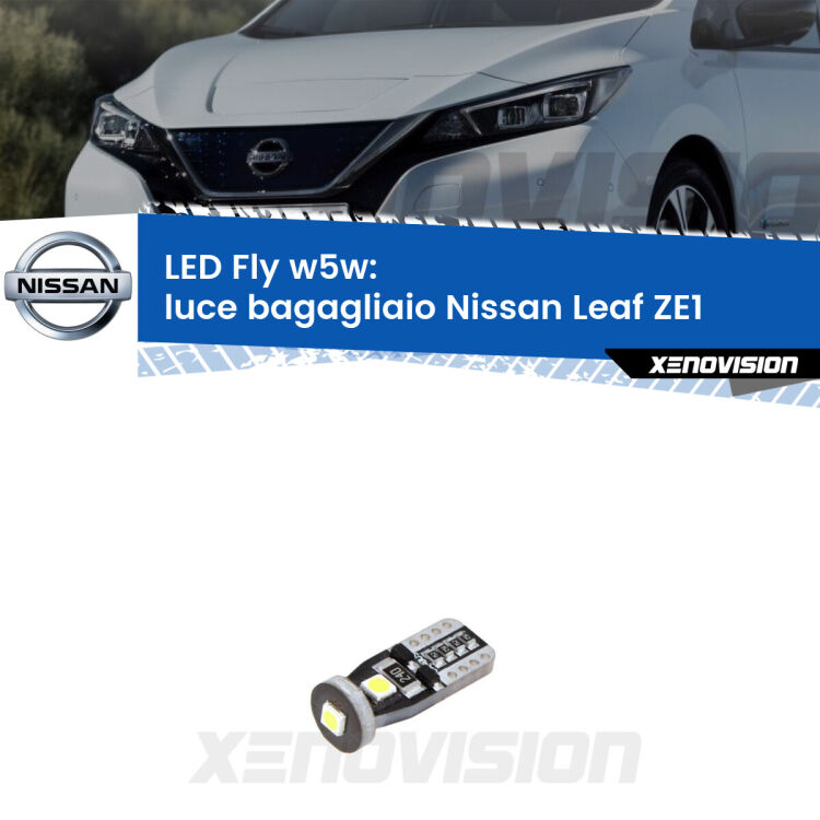 <strong>luce bagagliaio LED per Nissan Leaf</strong> ZE1 2017 in poi. Coppia lampadine <strong>w5w</strong> Canbus compatte modello Fly Xenovision.