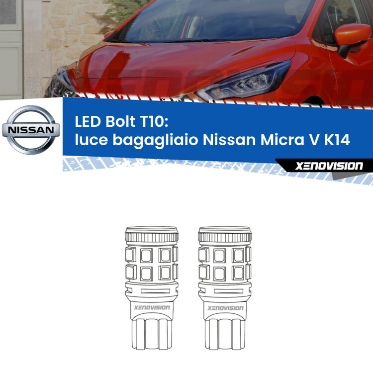 0 Luce Bagagliaio LED Nissan Micra V K14 2016 in poi: T10 Bolt <strong>Luce Bagagliaio LED per Nissan Micra V</strong> K14 2016 in poi. Coppia lampade <strong>T10</strong> modello Bolt canbus.