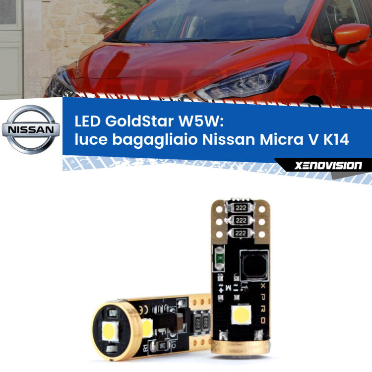 0 Luce Bagagliaio LED Nissan Micra V K14 2016 in poi: T10 GoldStar <strong>Luce Bagagliaio LED Nissan Micra V</strong> K14 2016 in poi: ottima luminosità a 360 gradi. Si inseriscono ovunque. Canbus, Top Quality.