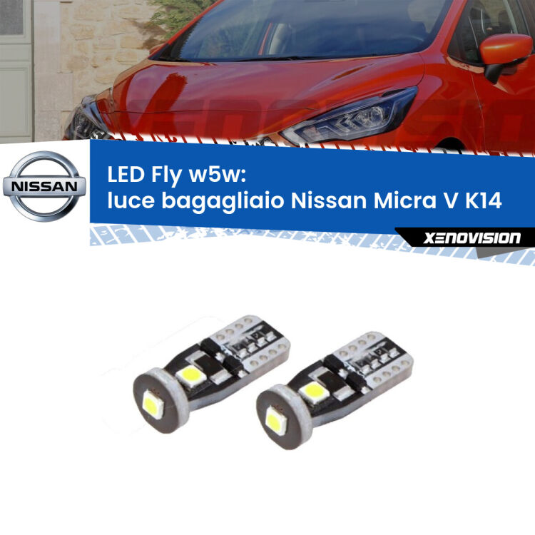 0 Luce Bagagliaio LED Nissan Micra V K14 2016 in poi: W5W Fly <strong>luce bagagliaio LED per Nissan Micra V</strong> K14 2016 in poi. Coppia lampadine <strong>w5w</strong> Canbus compatte modello Fly Xenovision.