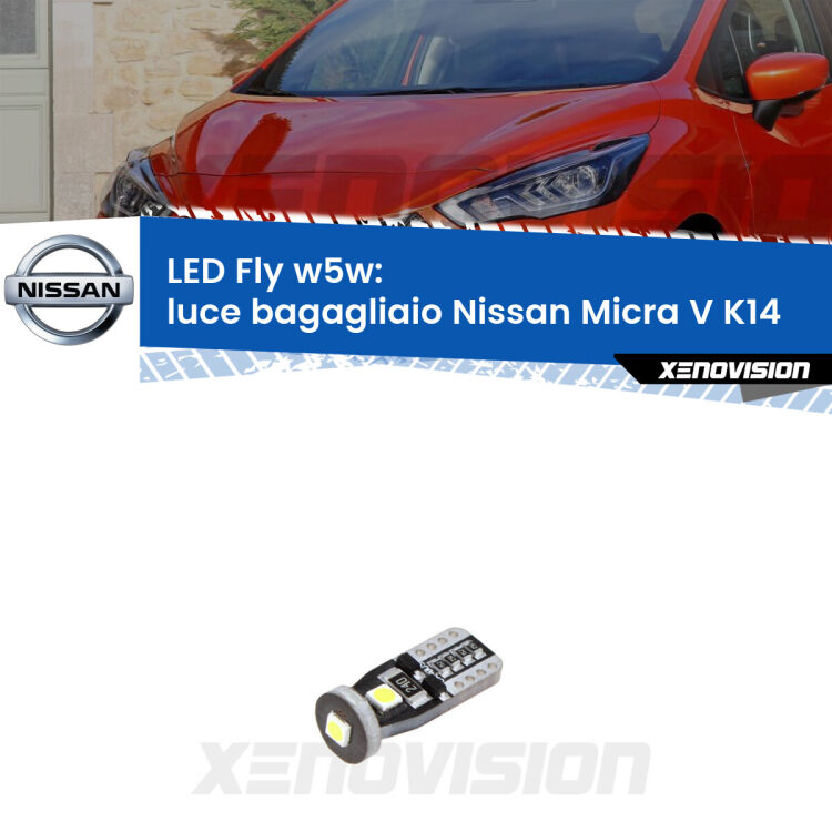 <strong>luce bagagliaio LED per Nissan Micra V</strong> K14 2016 in poi. Coppia lampadine <strong>w5w</strong> Canbus compatte modello Fly Xenovision.