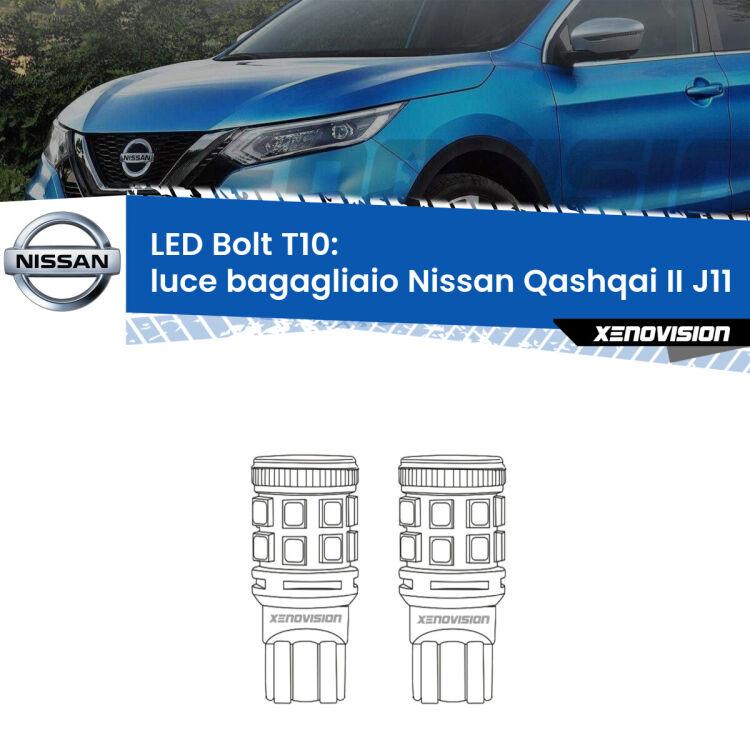 0 Luce Bagagliaio LED Nissan Qashqai II J11 2014 in poi: T10 Bolt <strong>Luce Bagagliaio LED per Nissan Qashqai II</strong> J11 2014 in poi. Coppia lampade <strong>T10</strong> modello Bolt canbus.