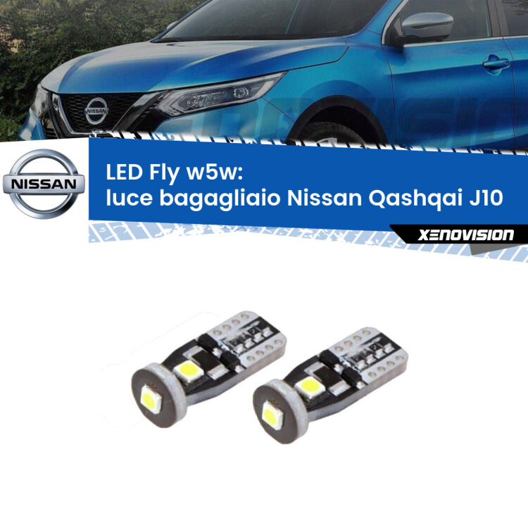 0 Luce Bagagliaio LED Nissan Qashqai J10 2007 - 2013: W5W Fly <strong>luce bagagliaio LED per Nissan Qashqai</strong> J10 2007 - 2013. Coppia lampadine <strong>w5w</strong> Canbus compatte modello Fly Xenovision.