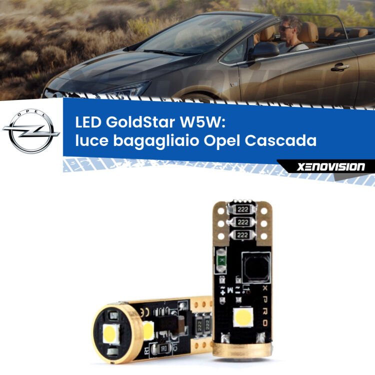 0 Luce Bagagliaio LED Opel Cascada  2013 - 2019: T10 GoldStar <strong>Luce Bagagliaio LED Opel Cascada</strong>  2013 - 2019: ottima luminosità a 360 gradi. Si inseriscono ovunque. Canbus, Top Quality.