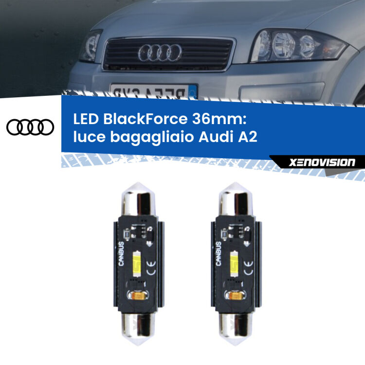 0 Luce Bagagliaio LED per Audi A2 2000 - 2005: C5W BlackForce 36mm (Coppia) <strong>Luce Bagagliaio LED per Audi A2</strong> 2000 - 2005. Coppia lampade <strong>C5W</strong> 36mm modello BlackForce canbus.