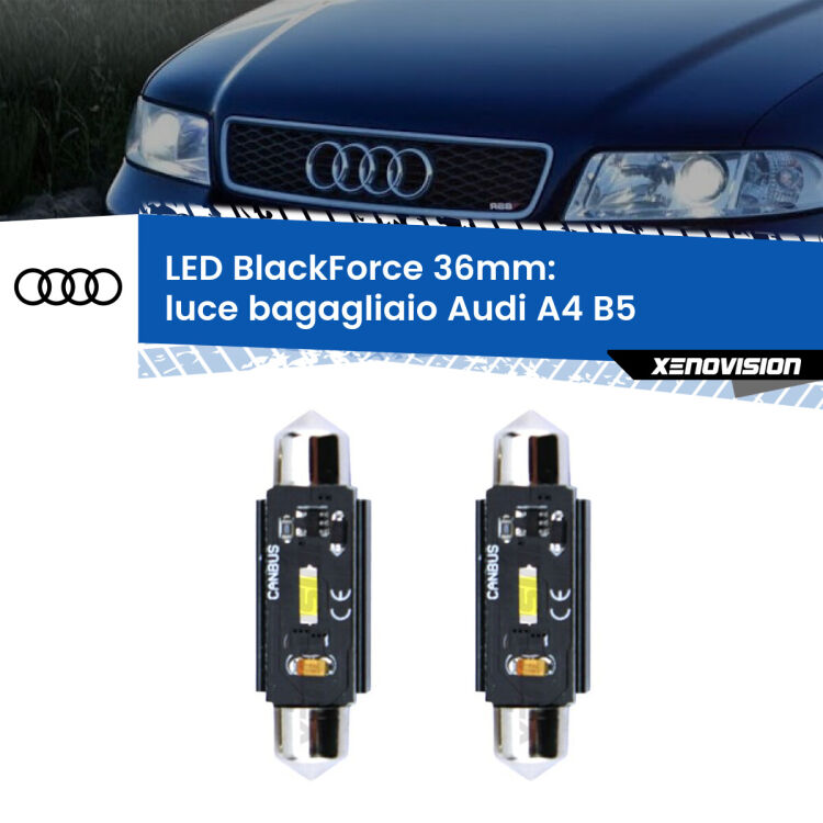 0 Luce Bagagliaio LED per Audi A4 B5 1994 - 2001: C5W BlackForce 36mm (Coppia) <strong>Luce Bagagliaio LED per Audi A4</strong> B5 1994 - 2001. Coppia lampade <strong>C5W</strong> 36mm modello BlackForce canbus.