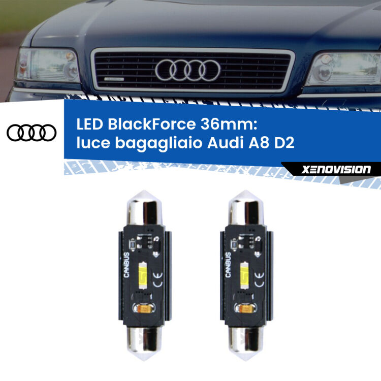 0 Luce Bagagliaio LED per Audi A8 D2 1994 - 2002: C5W BlackForce 36mm (Coppia) <strong>Luce Bagagliaio LED per Audi A8</strong> D2 1994 - 2002. Coppia lampade <strong>C5W</strong> 36mm modello BlackForce canbus.