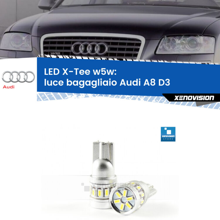 <strong>LED luce bagagliaio per Audi A8</strong> D3 2002 - 2009. Lampade <strong>W5W</strong> modello X-Tee Xenovision top di gamma.