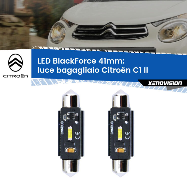 0 Luce Bagagliaio LED per Citroën C1 II 2014 in poi: C5W BlackForce 41mm (Coppia) <strong>Luce Bagagliaio LED per Citroën C1</strong> II 2014 in poi. Coppia lampade <strong>C5W</strong> 41mm modello BlackForce canbus.