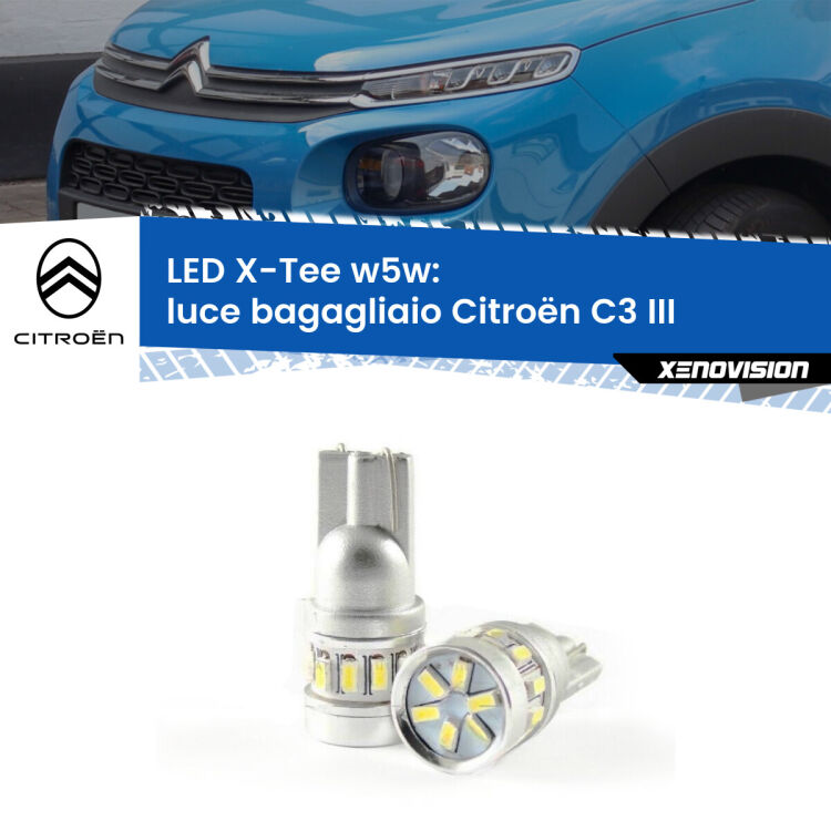 0 Luce Bagagliaio LED per Citroën C3 III 2016 in poi: W5W X-Tee <strong>LED luce bagagliaio per Citroën C3</strong> III 2016 in poi. Lampade <strong>W5W</strong> modello X-Tee Xenovision top di gamma.