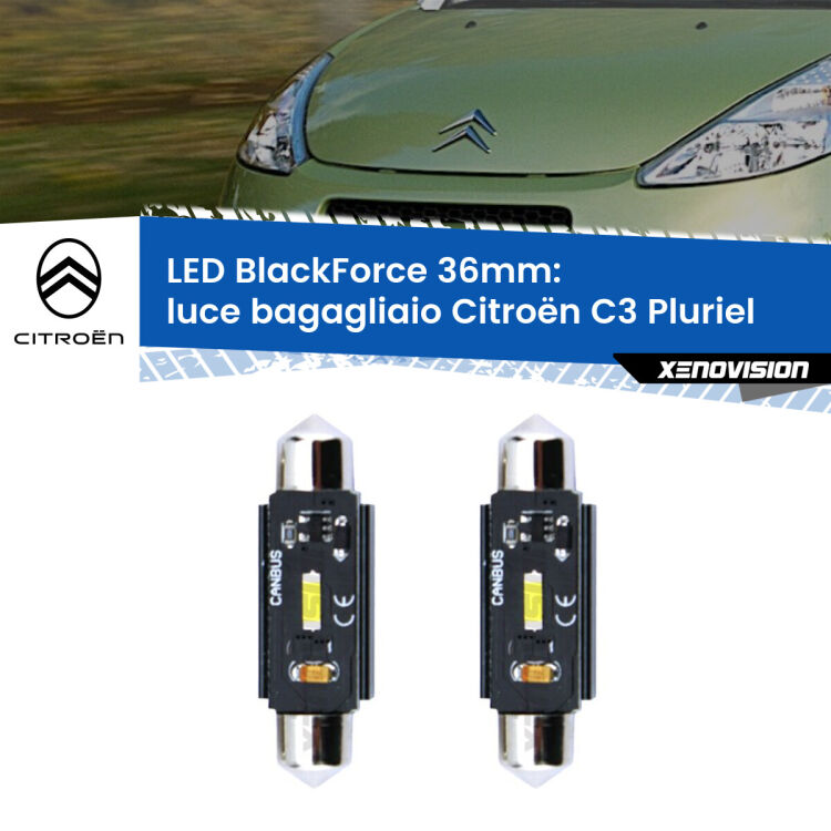 0 Luce Bagagliaio LED per Citroën C3 Pluriel 2003 - 2010: C5W BlackForce 36mm (Coppia) <strong>Luce Bagagliaio LED per Citroën C3 Pluriel</strong> 2003 - 2010. Coppia lampade <strong>C5W</strong> 36mm modello BlackForce canbus.