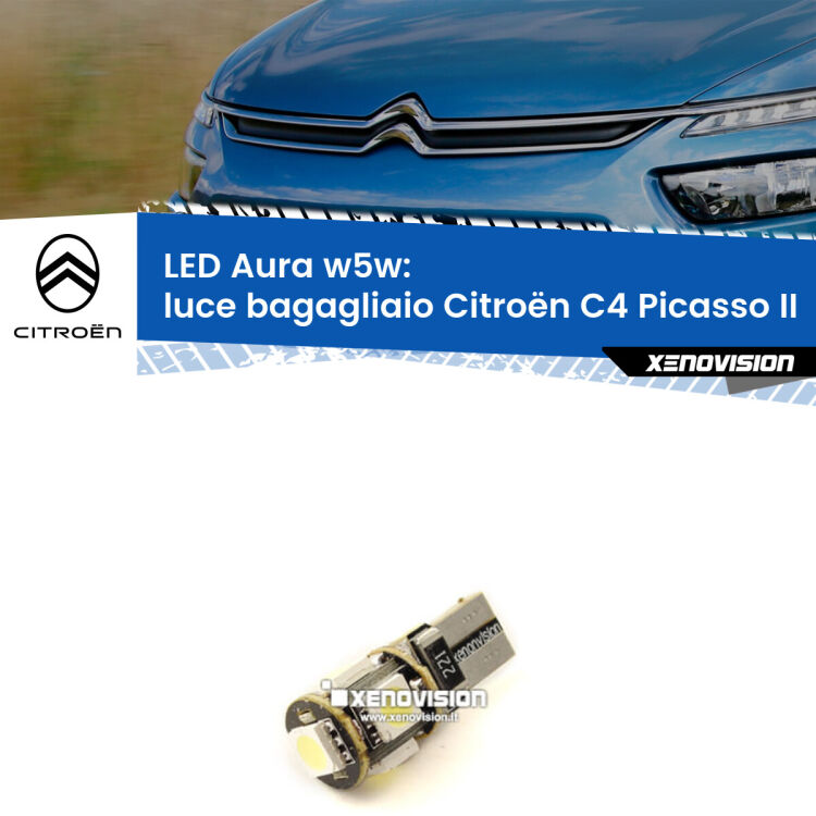 0 Luce Bagagliaio LED per Citroën C4 Picasso II 2013 in poi: Aura w5w <strong>LED luce bagagliaio w5w per Citroën C4 Picasso</strong> II 2013 in poi. Una lampadina <strong>w5w</strong> canbus luce bianca 6000k modello Aura Xenovision.